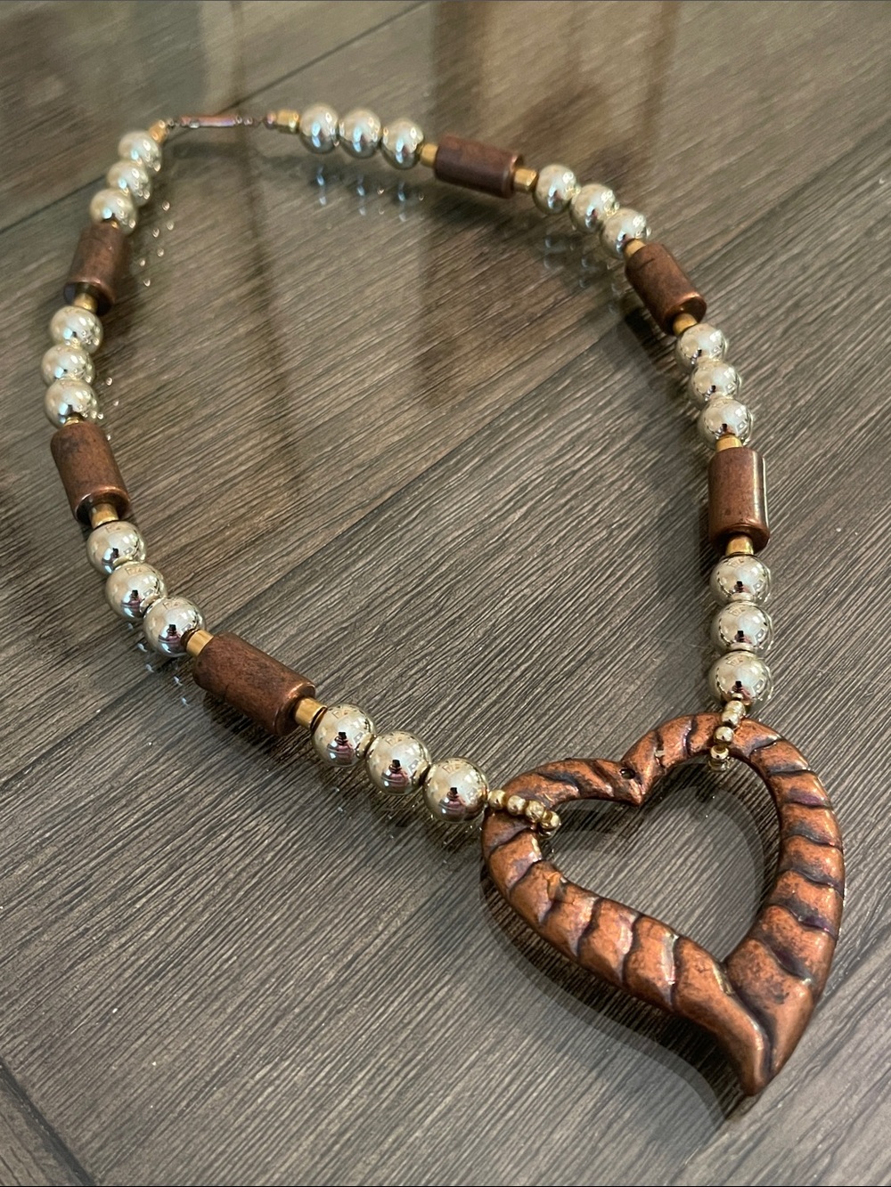 Vintage Large Textured Copper Colored Open Heart Beaded Necklace